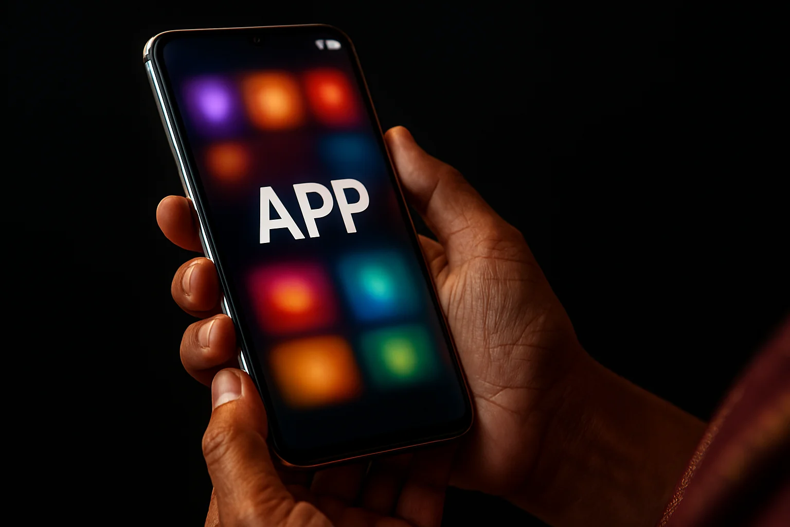 Mature Bangladeshi woman holding Android phone showing glowing casino-style app screen