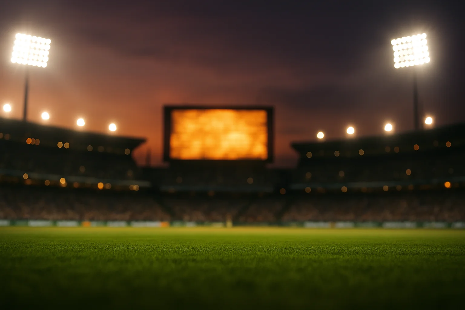 Ultra-realistic wide shot of cricket stadium at dusk with blazing floodlights