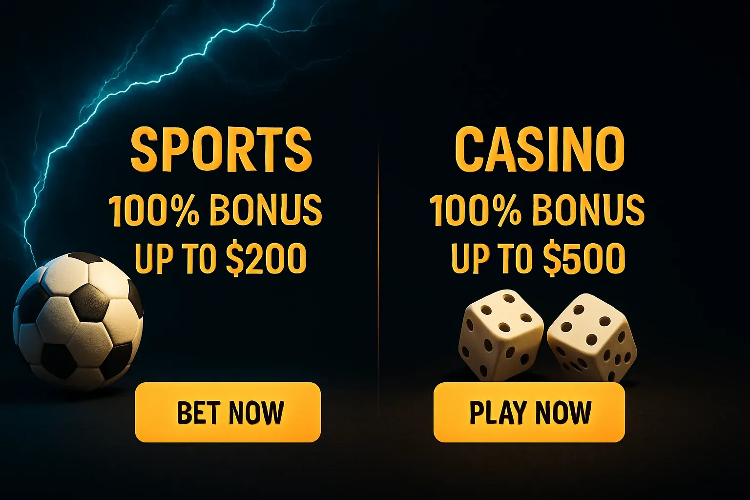 Sports betting banner with blue lightning, sports and casino bonus boxes