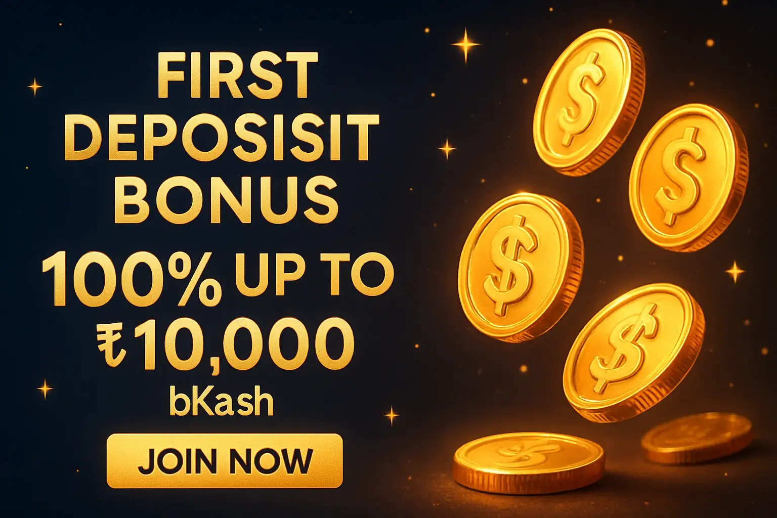 Premium casino banner with navy background, gold stars, coins, BDT bonus, bKash CTA