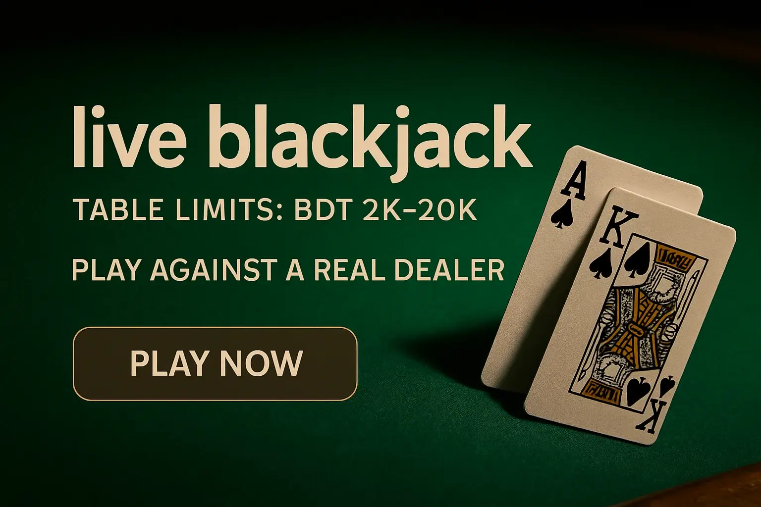 Live blackjack banner with green felt, ace-king hand, gold CTA button