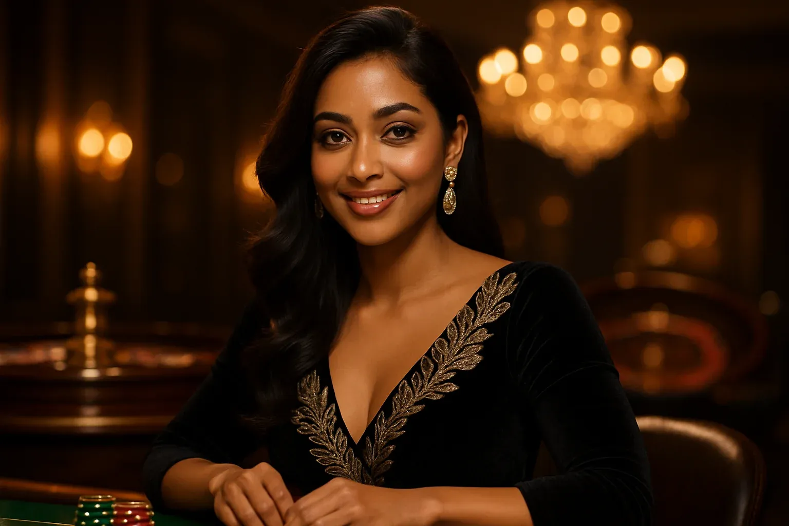 Glamorous Bangladeshi woman smiling at a premium casino table