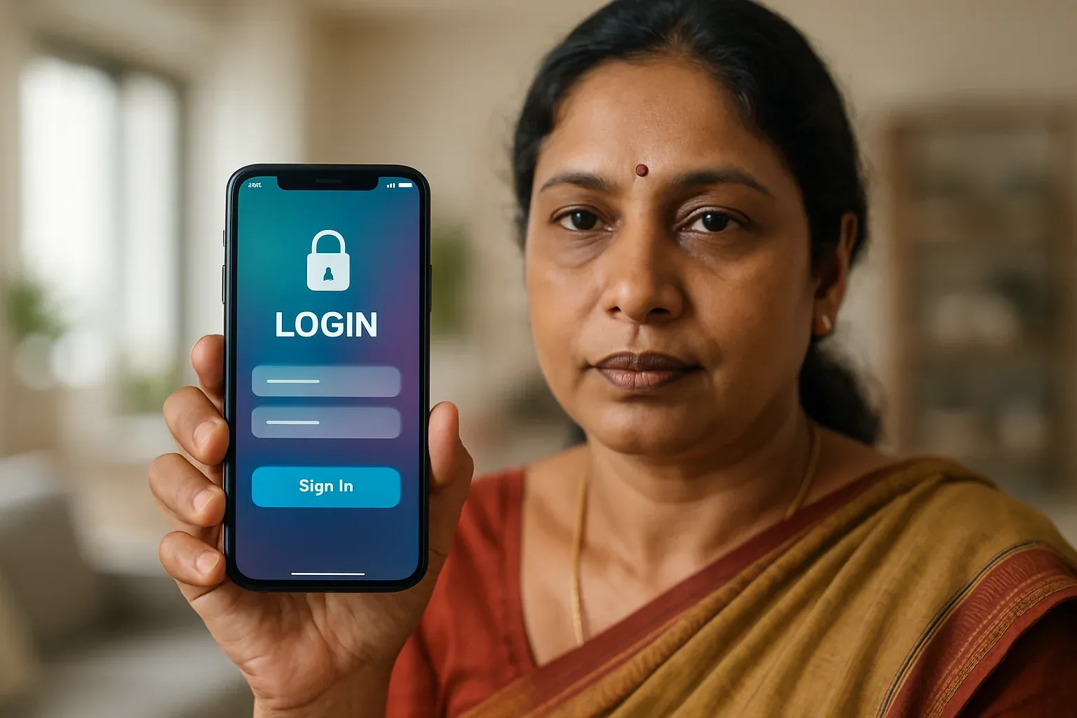 Bangladeshi woman holding smartphone showing stylized LOGIN screen in apartment