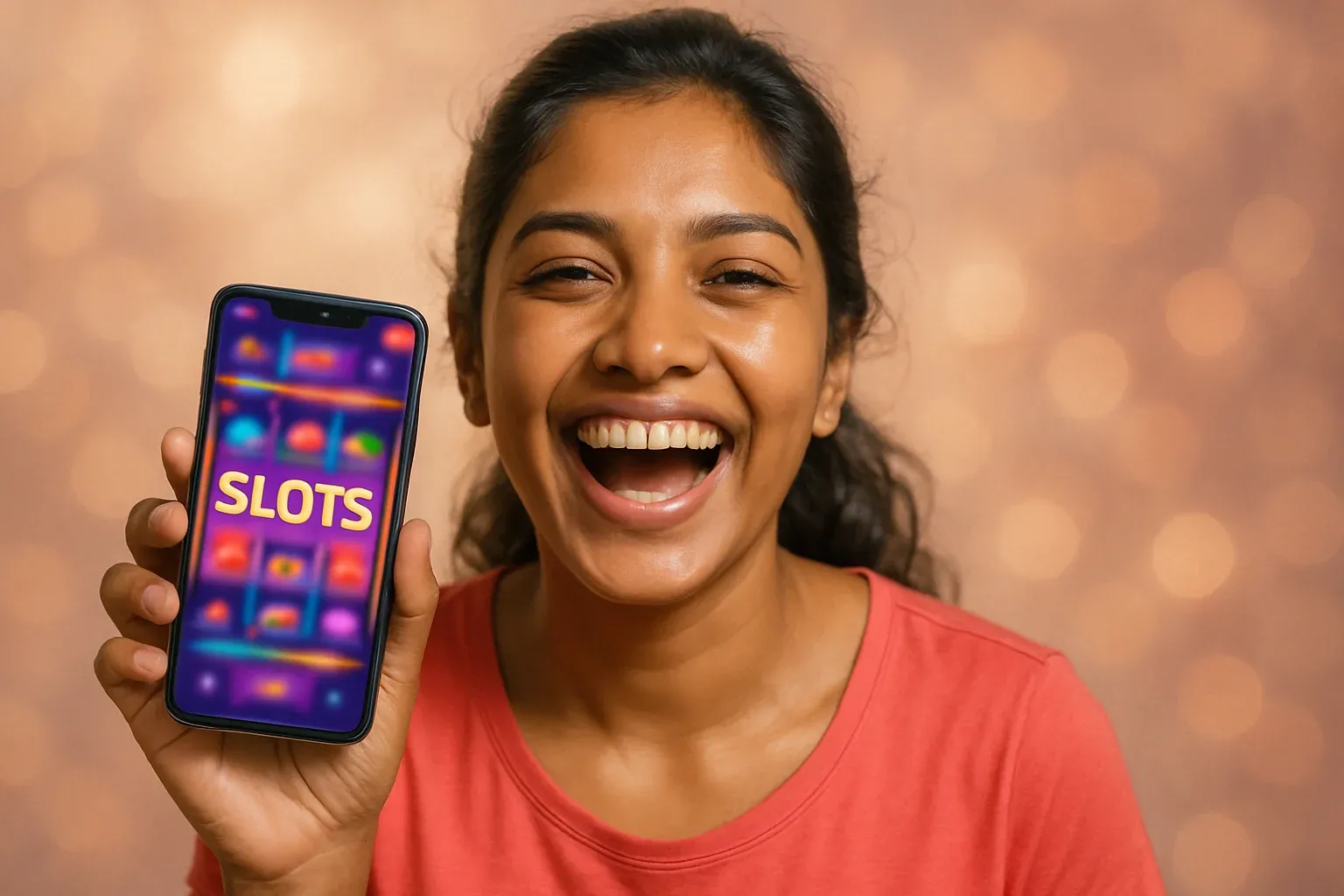 Young Bangladeshi woman laughing, holding phone showing colorful slots screen